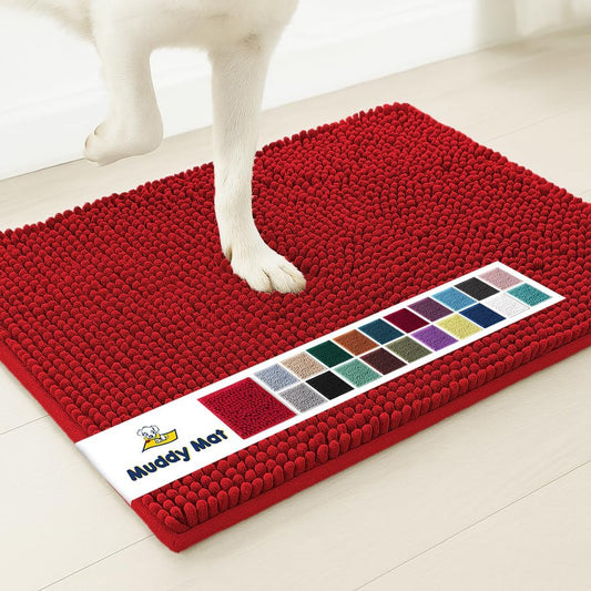 Muddy Mat® Shown on TV – Super Absorbent Microfiber Dog Door Mat for Muddy Paws, Non-Slip Washable Pet Rug, Quick Dry Chenille Entryway Carpet, Machine Washable Indoor Outdoor mat, Red 30"x19"