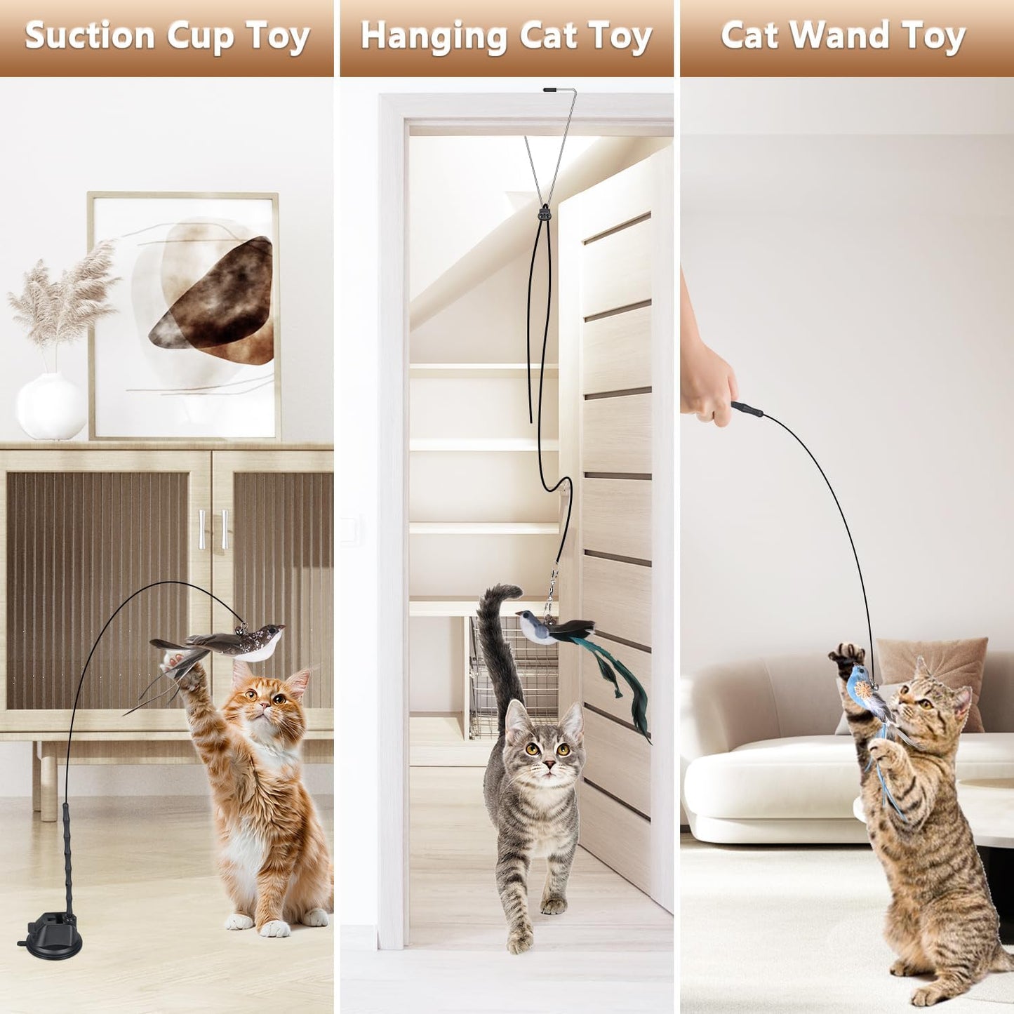 Cat Toys for Indoor Cats, Interactive Bird Cat Toy Self-Holding Suction Base with 5 Replaceable Birds, Door Hanging String, Feathers & Bells | Chase, Jump & Exercise for Kittens/Adult Cats