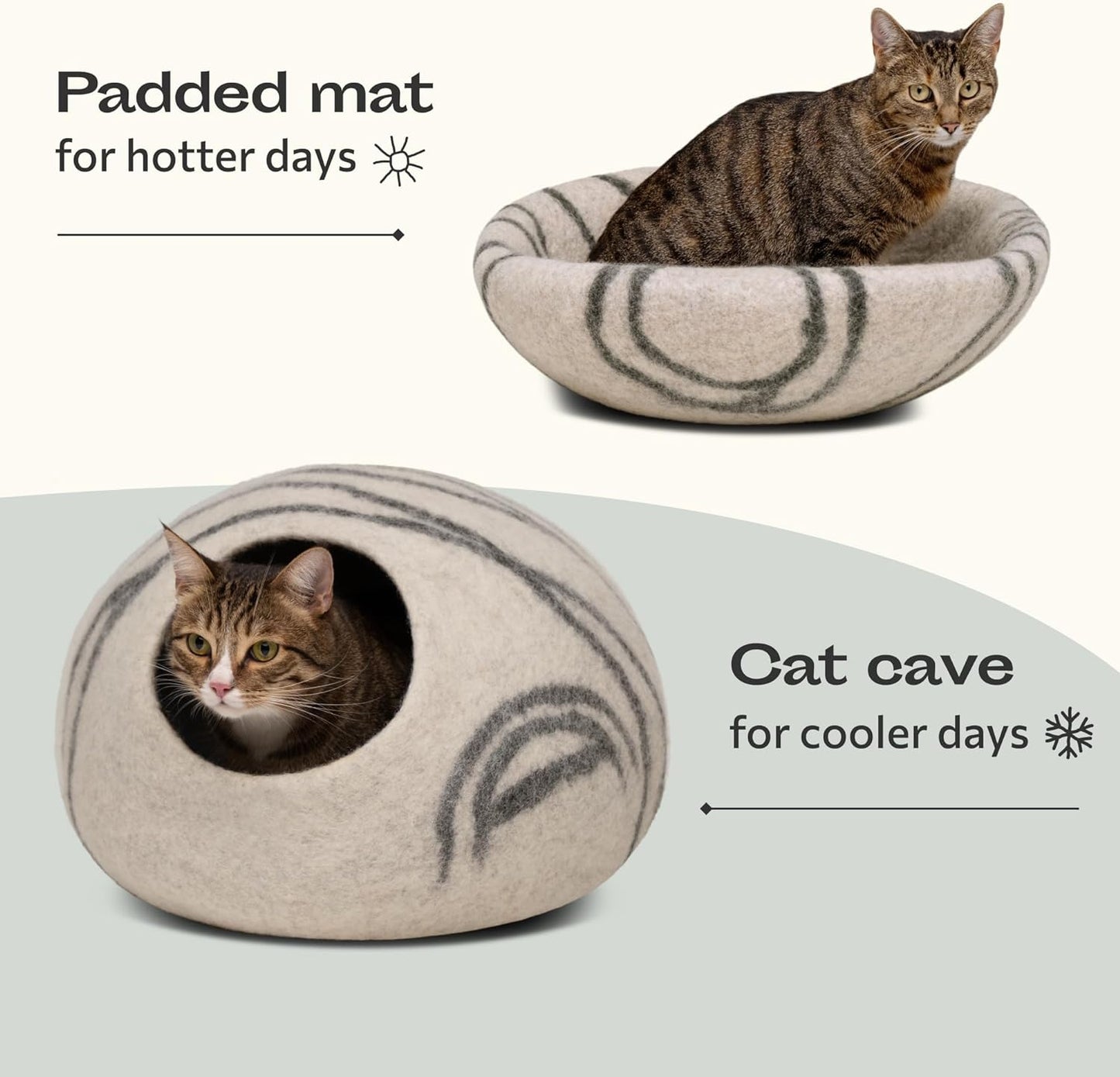 MEOWFIA Cat Cave – Premium Felt Cat Bed for Indoor Cats, Handmade 100% Merino Wool (Light Grey, Medium)