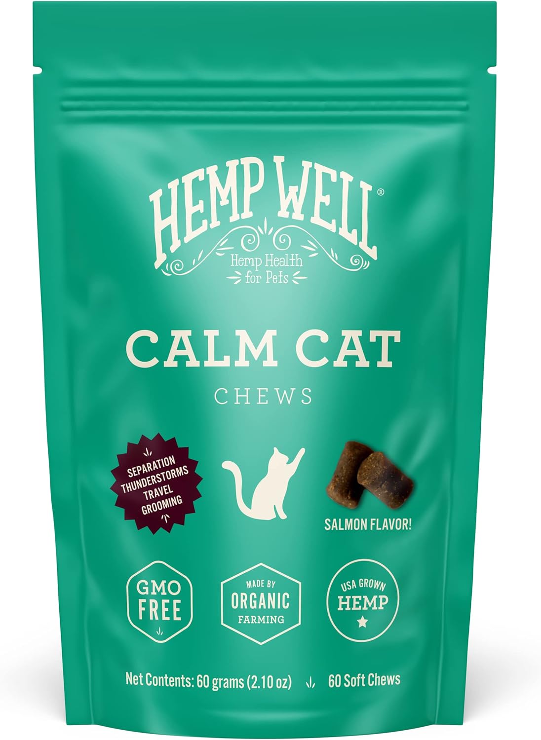 Hemp Well Calm Cat Soft Chews - Anxiety & Stress Relief Formula, Organic Ingredients, Soothes & Relaxes, Improves Behavior, 60 Count