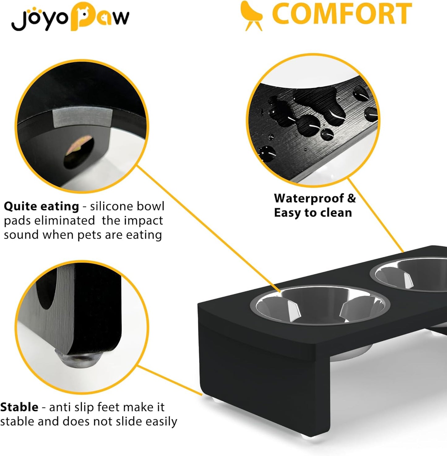 Elevated Dog Bowls, Bamboo Raised Dog Bowl for Small Dogs & Cats, with 2 Stainless Steel Bowls (4'' Tall-20oz Bowl, Black)