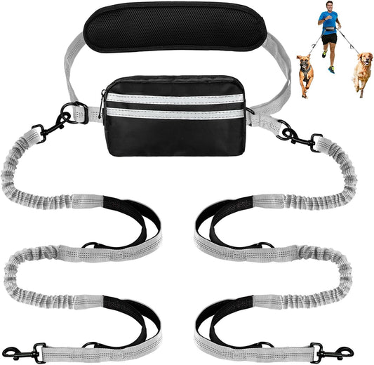 Hands Free Dog Leash with Pouch, Double Leash for Two Dogs, Retractable Bungee with Double Padded Handles, Dog Waist Leash for Dog Walking, Running Leash for Dogs, Dog Walking Accessories