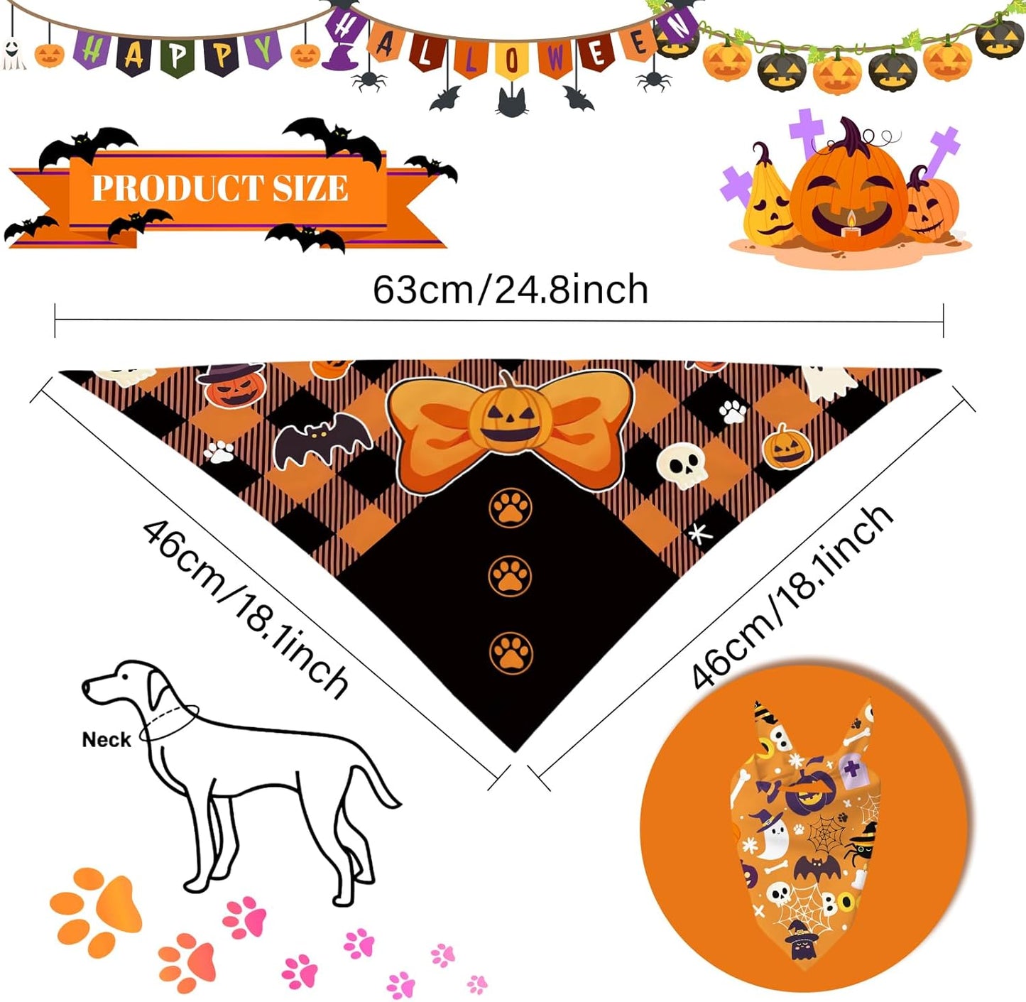 Halloween Dog Bandanas 2 Pcs, Pet Scarf for Dog Girl Boy, Spooky Triangle Puppy Scarf Kerchief Bandana Pet Dogs On Halloween, Ghost Pumpkin Bat Print Gifts for Dogs Lovers (Medium)