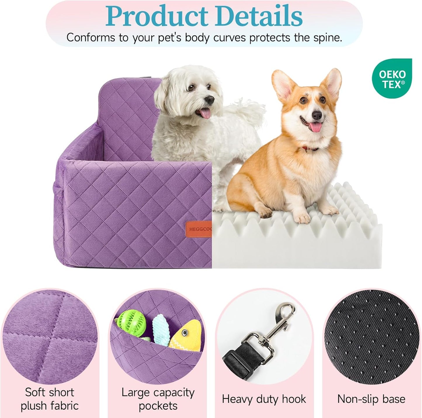 Dog Car Seat for Medium/Large Dogs, Pet Booster Seat for Under 55 lbs or 2 Small Dogs, Detachable & Washable Dog Car Bed for Backseat with 2 Safety Leashes (Purple)