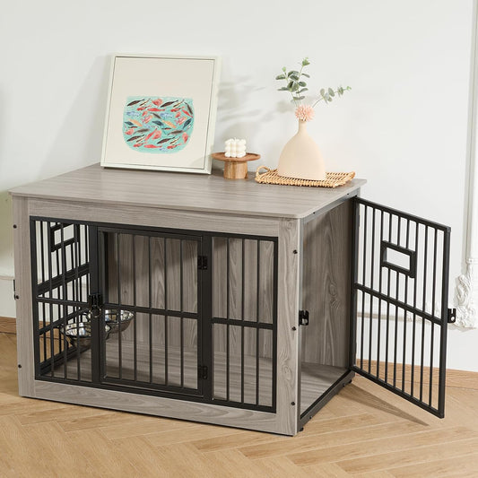 Gardner Pet Dog Crate Furniture for Medium Dogs, 38.8 Inch Dog Kennel Indoor, Wooden Dog Cage End Table with 2 Removable Bowls, Heavy Duty Dog Crate, Rustic Grey