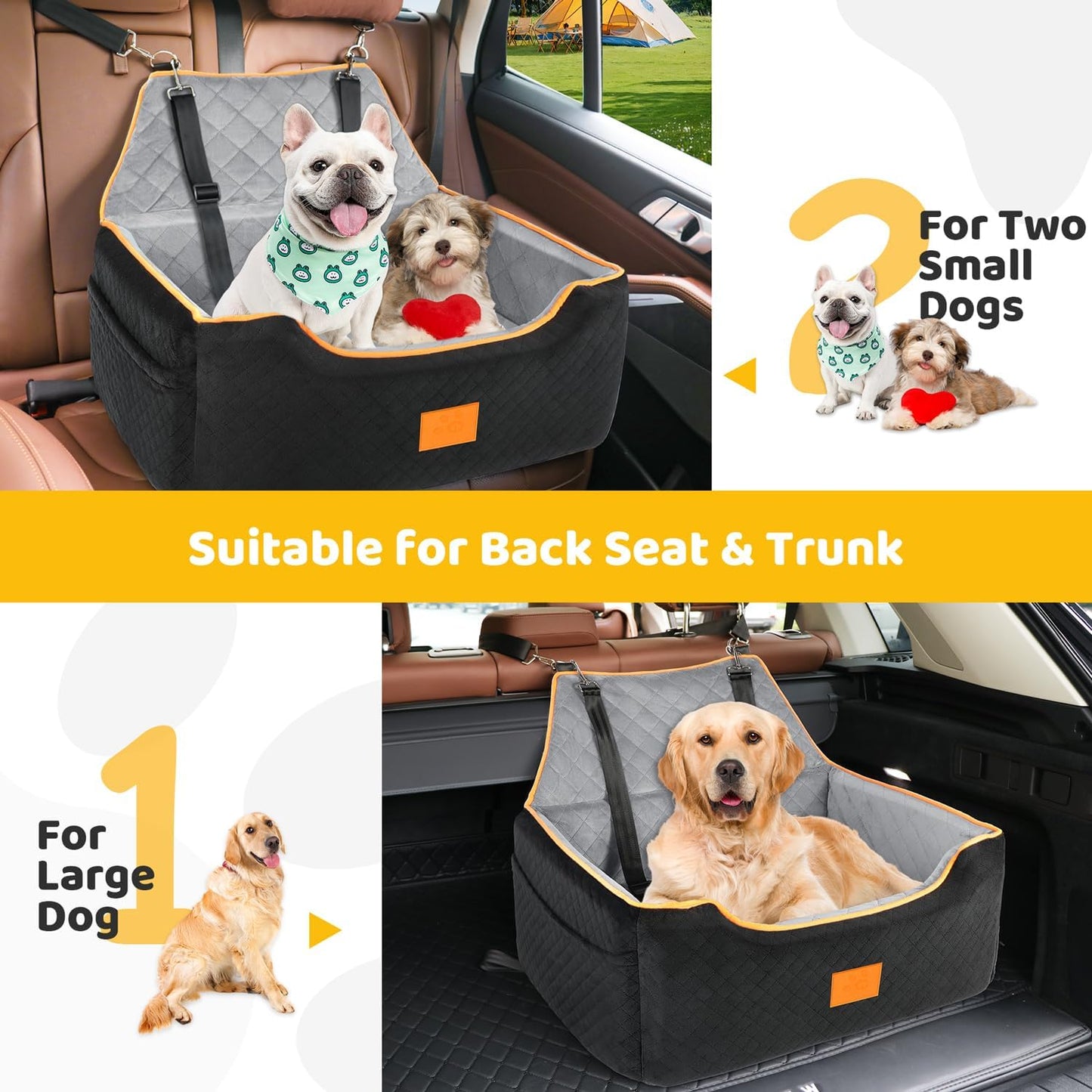 Dog Car Seat for Large/Medium Dog, Booster Seat for Dogs Under 55Lbs or 2 Small, Detachable and Washable Travel Pet Seat with Thick Cushion and Storage Pockets (Black/Gray)