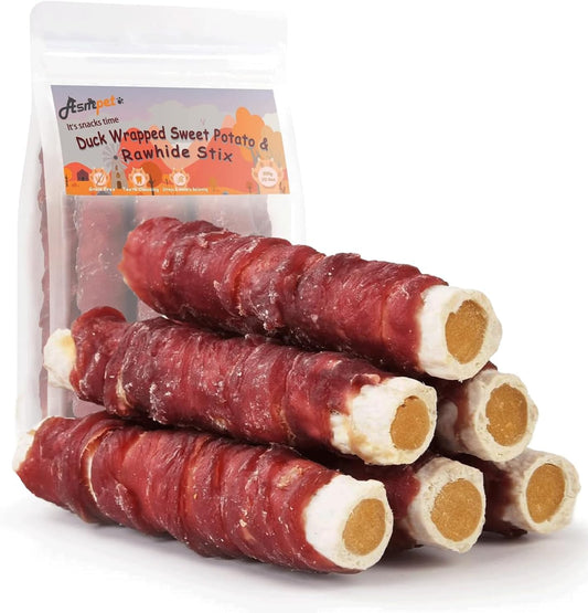 ASMPET Dog Treats Chews, Duck Wrapped Rawhide Sticks Filled with Sweet Potato for Small Medium Large Dogs（6pcs）