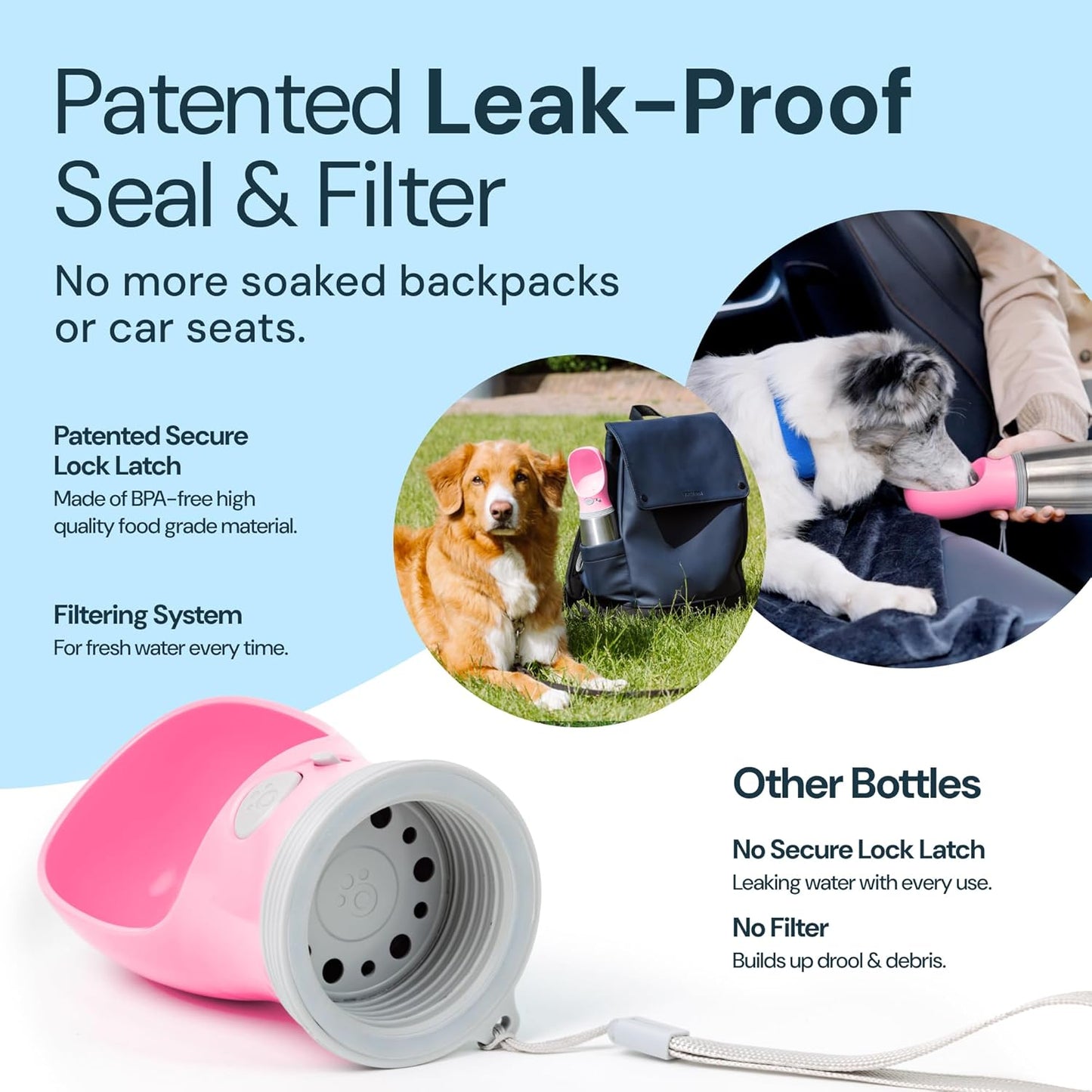 MalsiPree Insulated Dog Water Bottle - 24 Oz, Pink - Leak-Proof Stainless Steel Portable Travel Dispenser & Bowl