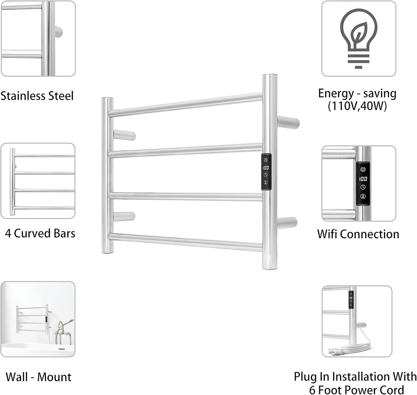 KEG Smart WiFi Towel Warmer Wall Mounted with Built-in Timer and Temperature Adjust Control, 4 Bars Electric Stainless Steel Heated Towel Racks for Bathroom Brushed Nickel