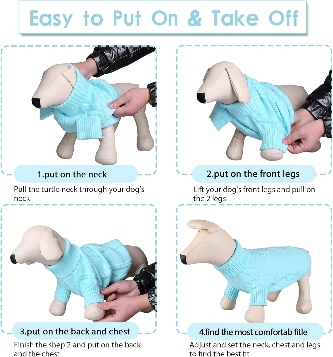 Queenmore Small Dog Pullover Sweater, Cold Weather Cable Knitwear, Classic Turtleneck Thick Warm Clothes for Chihuahua, Bulldog, Dachshund, Pug (Sky Blue, X-Large)