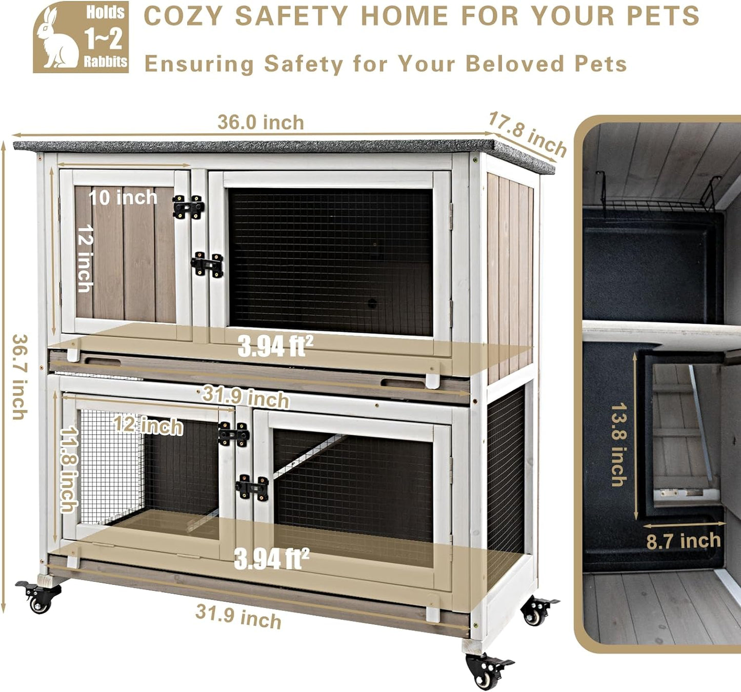 36" L Rabbit Hutch Indoor with 4 Metal Wheels, 2-Story Wooden Bunny Hutch Outdoor Bunny Cage, 2 Deeper Pull-Out Trays, Ramp, Rabbit Cage Guinea Pig Pet House for Small Animals
