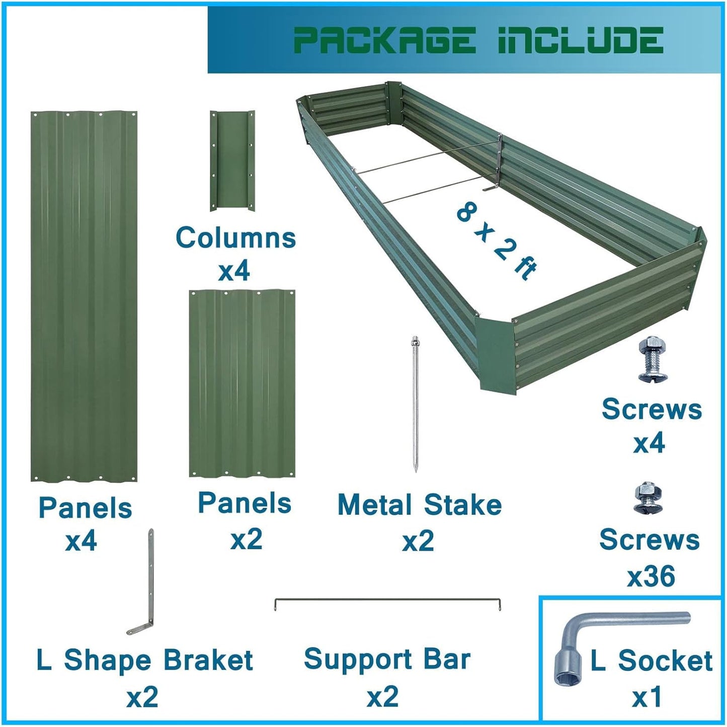 8x2x1ft Metal Raised Garden Bed Kit，Galvanized Garden Bed Box for Vegetables, Flowers, Herbs, and Succulents,120 Gallon Capacity - Green