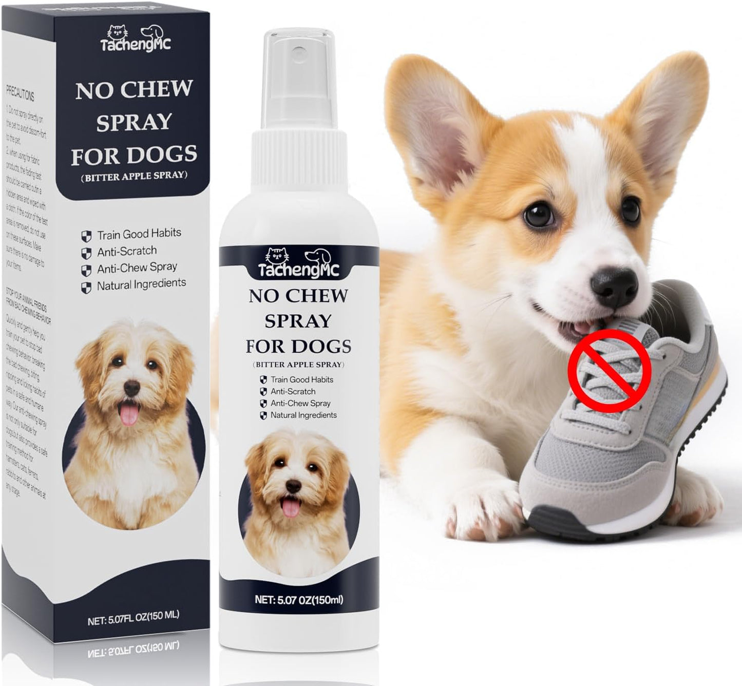 No Chew Spray for Dogs, 150 ml Bitter Apple Deterrent Spray to Stop Chewing, Licking and Biting on Furniture, Shoes and Plants, Alcohol-Free Puppy Training Aid for Indoor and Outdoor Use