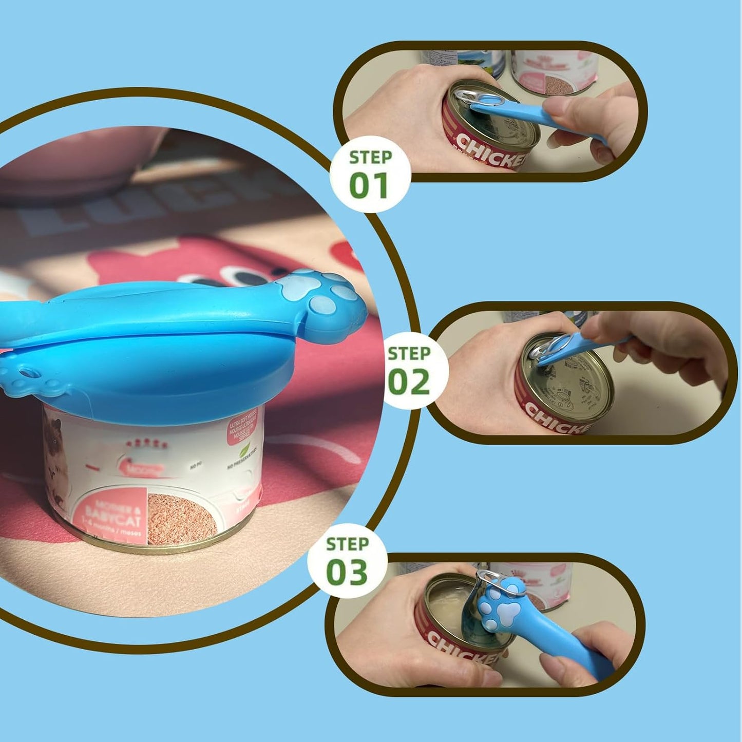 Pet Can Opener & 3 Pcs Cat Food Can Lids | Universal BPA Free Silicone Can Covers & Multi-Function Wet Food Spoon for Cat and Dog Food(Blue)