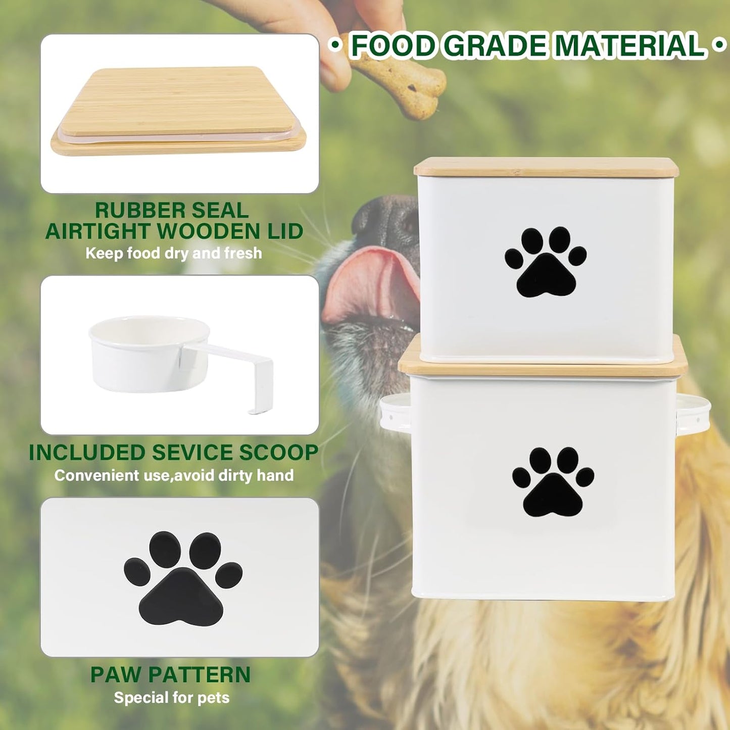Set of 2 Airtight Dog Treat Container -10lb Metal Dog Food Canister -Dog Treat Jars for Kitchen Counter with Bamboo Lids-Pet Puppy Food Bin with Food Scoop- Doggie Cookie Jar-White