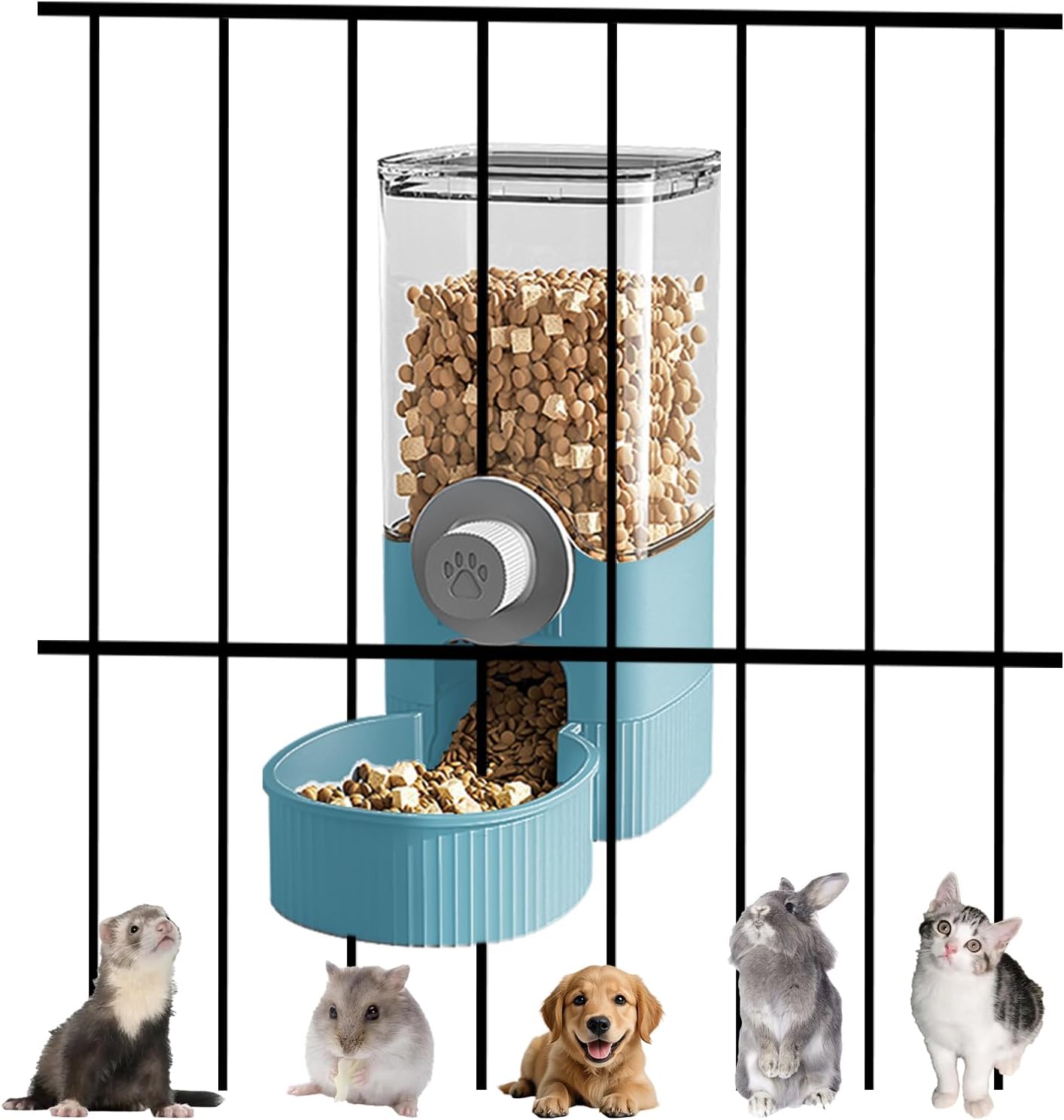 Auto Gravity Food Dispenser for Cage Hanging, 41OZ Capacity Hanging Automatic Pet Cage Feeder, Food Bowl for Cats Dogs Rabbit Ferret Chinchilla Bird Hedgehog Guinea Pig (Blue)