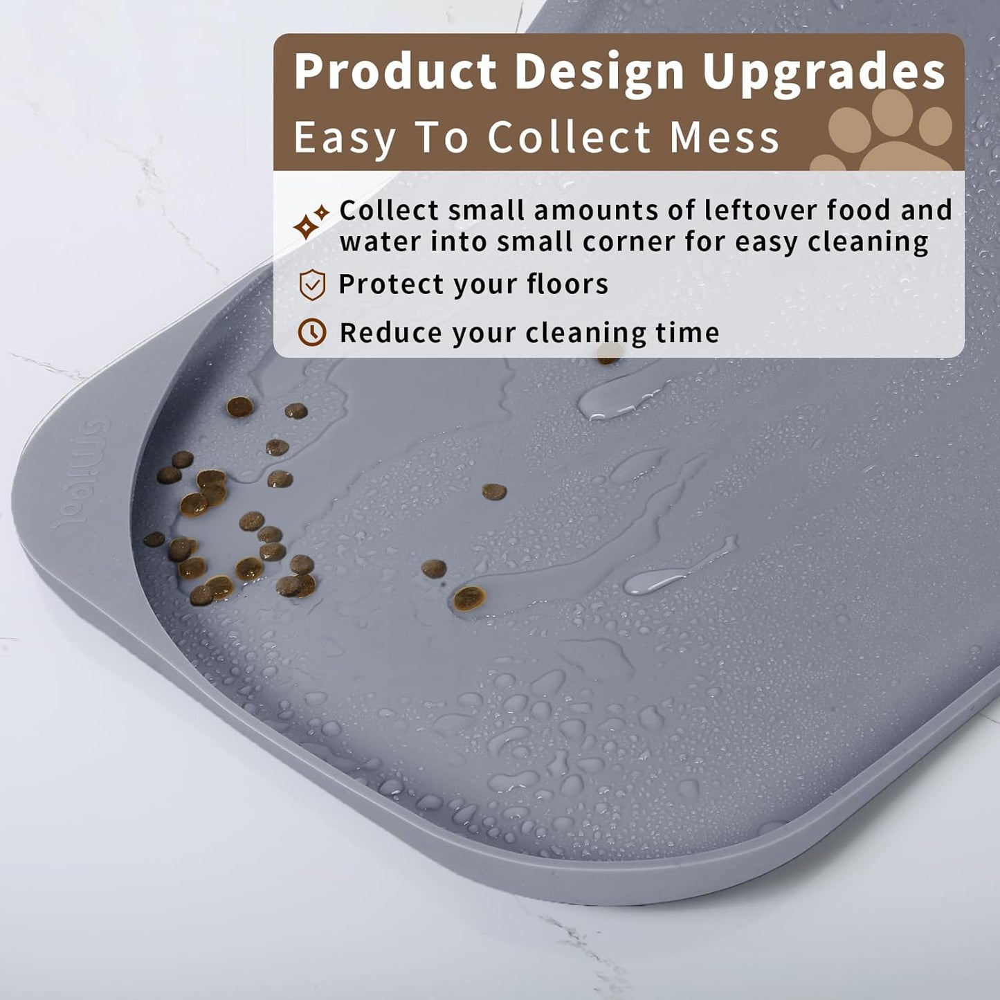 Silicone Pet Feeding Mat with Raised Edge & Residue Collection Pocket for Food and Water, Dog Bowl Mats, Cat Bowls Placemat with High Lip for Floor Waterproof, 24 x 16 x 0.8 Light Gray