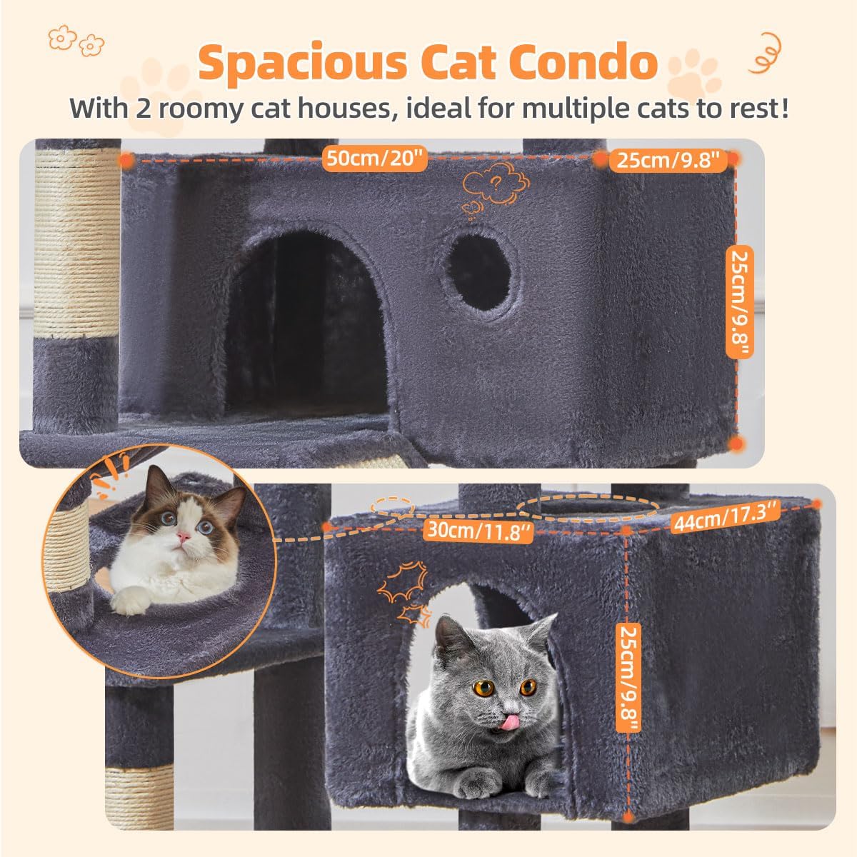 Taoqimiao Cat Tree 71-Inch, Cat Tower for Indoor Cats Large Adult, Multi-Level Large Cat Condo, 8 Sisal Scratching Posts, Metal Frame Cozy Hammock, Scratch Board, 2 Top Perches, Smoky Gray MS026LG