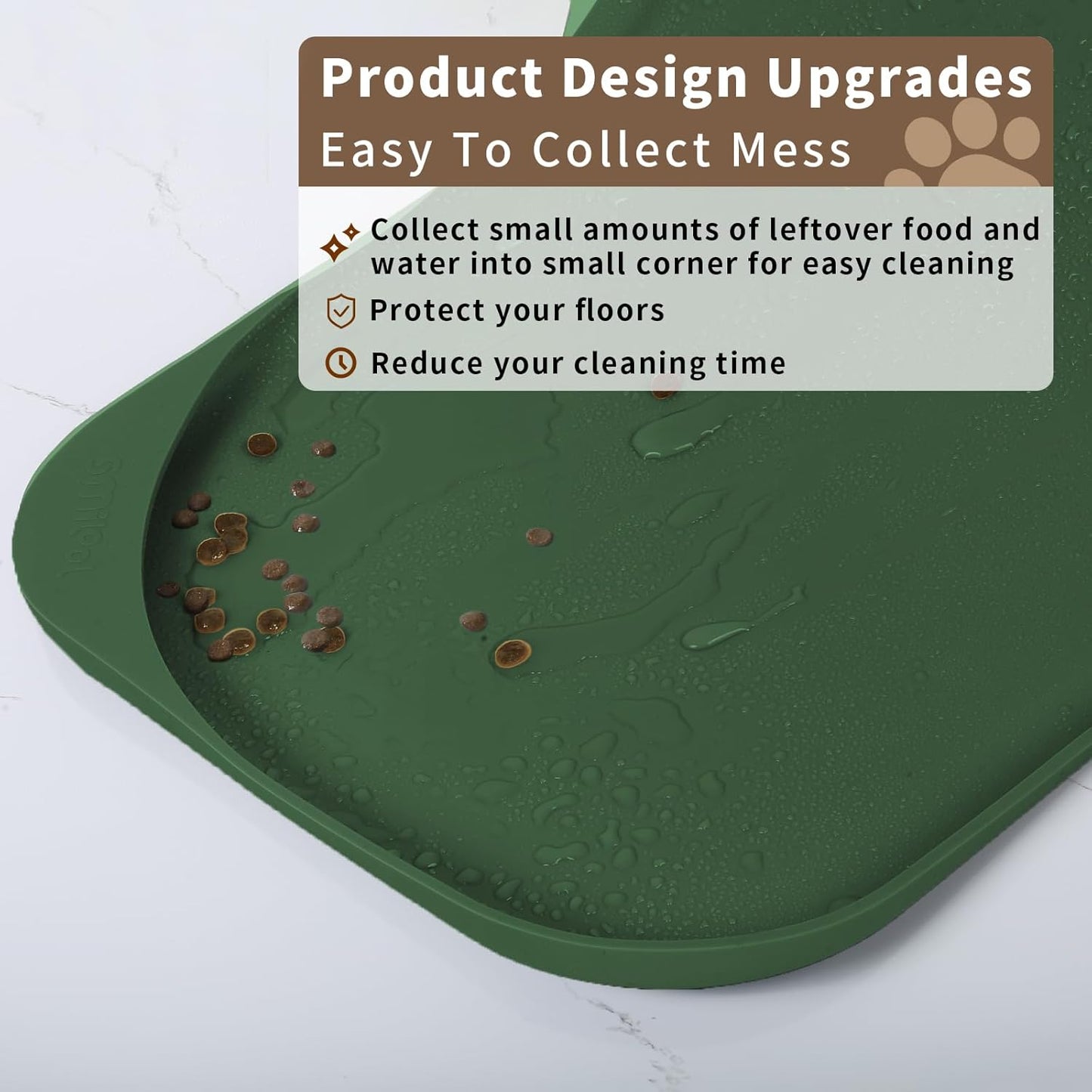 Silicone Pet Feeding Mat with Raised Edge & Residue Collection Pocket for Food and Water, Dog Bowl Mats, Cat Bowls Placemat with High Lip for Floor Waterproof, 22 x 14 x 0.8 Dark Olive