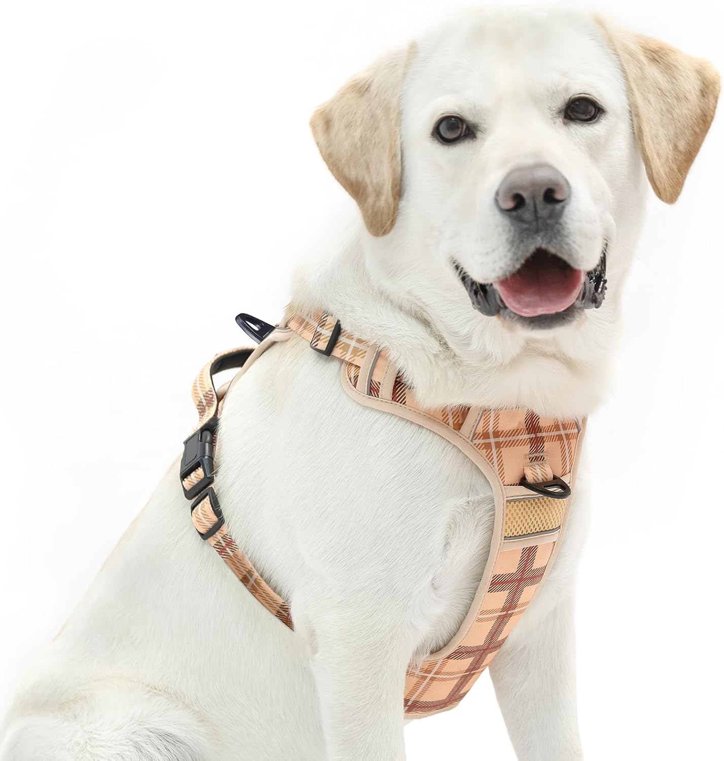PUPTECK No Pull Dog Harness for Large, Adjustable Reflective Dog Harness with Handle Easy Control, Comfortable Soft Padded Pet Vest Harness for Large Dogs, Plaid Beige L