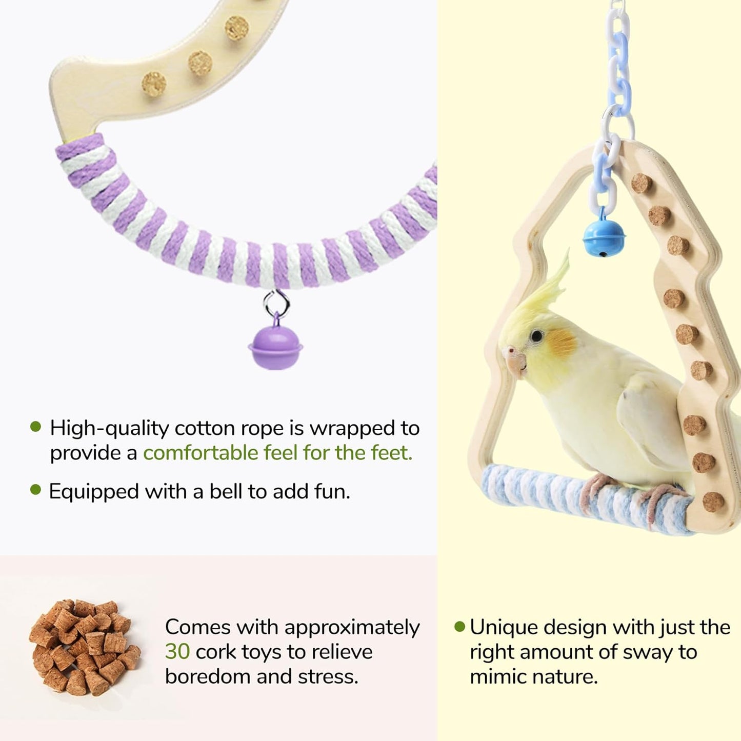 Natural Bird Swing - Moon-Shaped Parrot Perch with Bell and Cork Toys, Spinning Wooden Stand for Parakeets, Budgies, Lovebirds and Small/Medium Birds (White + Blue)