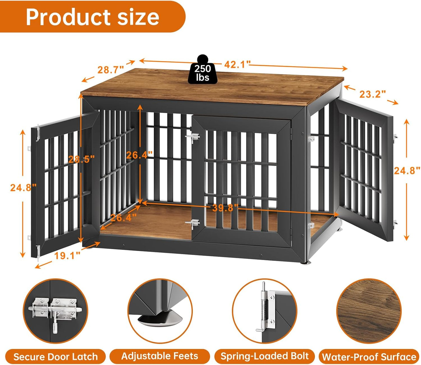 42" Heavy Duty Dog Crate Furniture for Small,Medium and Large Dogs,Rustic Wooden Dog Cage Kennel Indoor Furniture with Waterproof Top,Decorative Pet House Side End Table (Black & Wood)