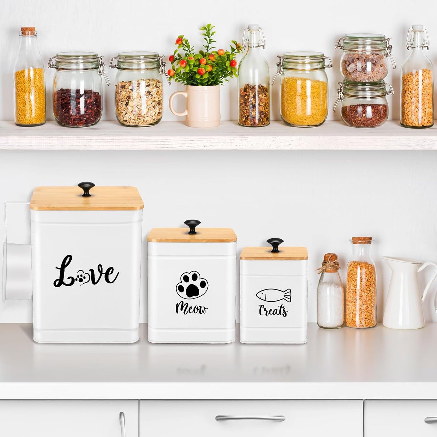 Metal Airtight Cat Food Containers Set of 3 with Bamboo Lids and Spoon 7+3+2 Lbs Cat Treat Storage Container Countertop with DIY Labels Pet Cookie Organizer Jars for Kitchen Counter(White)