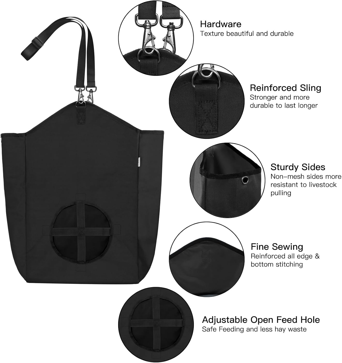 3 Packs Goat Hay Feeder,Hay Bags for Goats,Horses,Sheep,Premium 600D Oxford Cloth,with Metal Fastener and Adjustable Open Feed Hole for Slow Feeding. (3 Black)