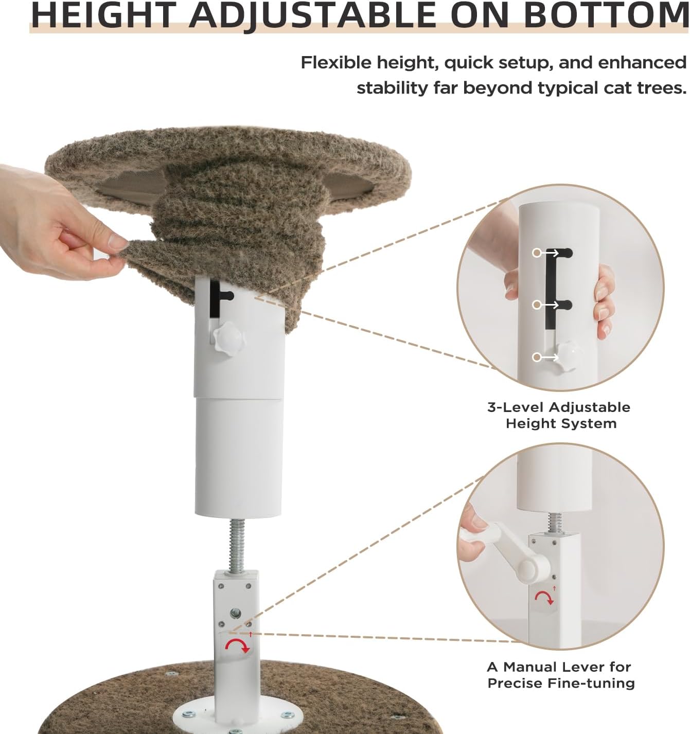 Made4Pets Floor to Ceiling Cat Tree 93-106'',Tall Cat Tower 5 Tiers, Adjustable Height, Stable Cat Tree Tower with Scratching Posts, Fluffy Condo, Hammock and Ball Toy for Indoor Cats/Kitten, Brown