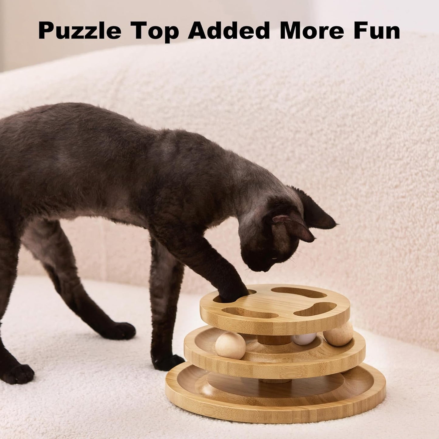 Cat Ball Track Toy with Puzzle Top, Wooden Cat Toys for Indoor Cats with Spinning Balls, Interactive Large Cat Ball Tower for Kitten Exercise Mental Physical