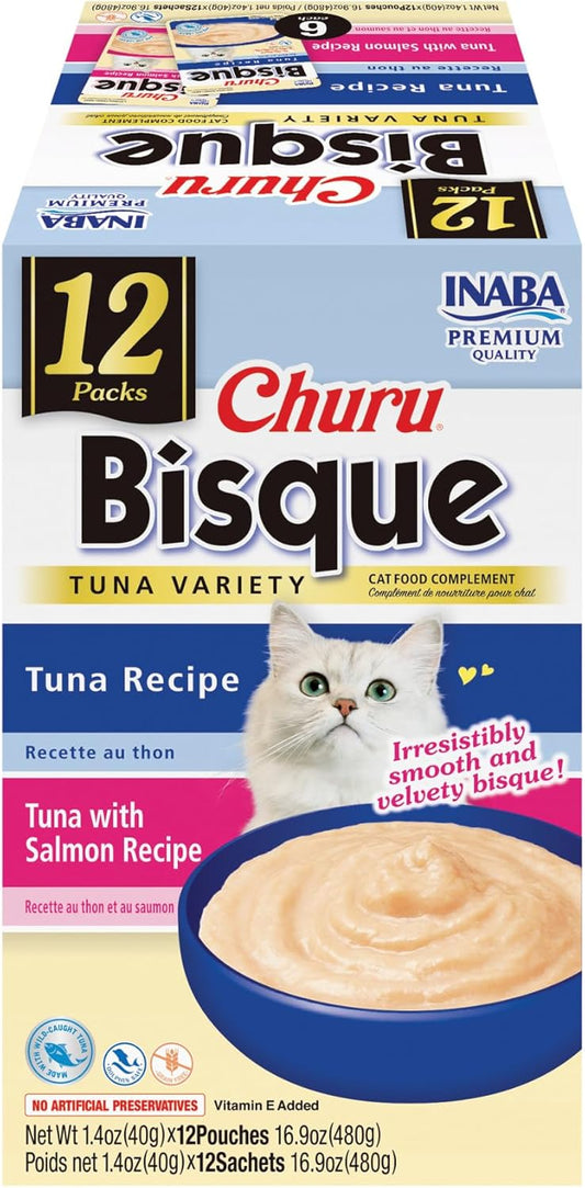 INABA Churu Bisque for Cats, Creamy Lickable Purée Side Dish with Vitamin E, 1.4 Ounces per Pouch, 12 Pouches, Tuna Variety
