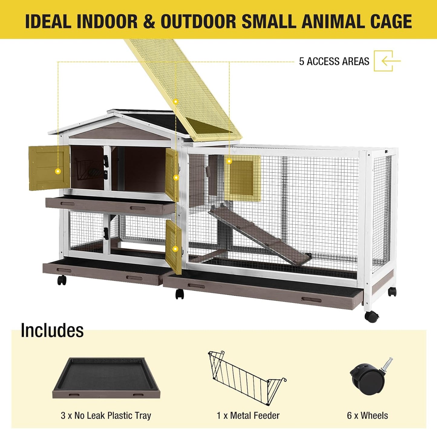 Aivituvin Rabbit Hutch 62" Rabbit Cage Indoor Outdoor Chicken Coop Guinea Pig Cage on Wheels Bunny Cage with 3 Deep No Leakage Pull Out Tray,Waterproof Roof (Brown)