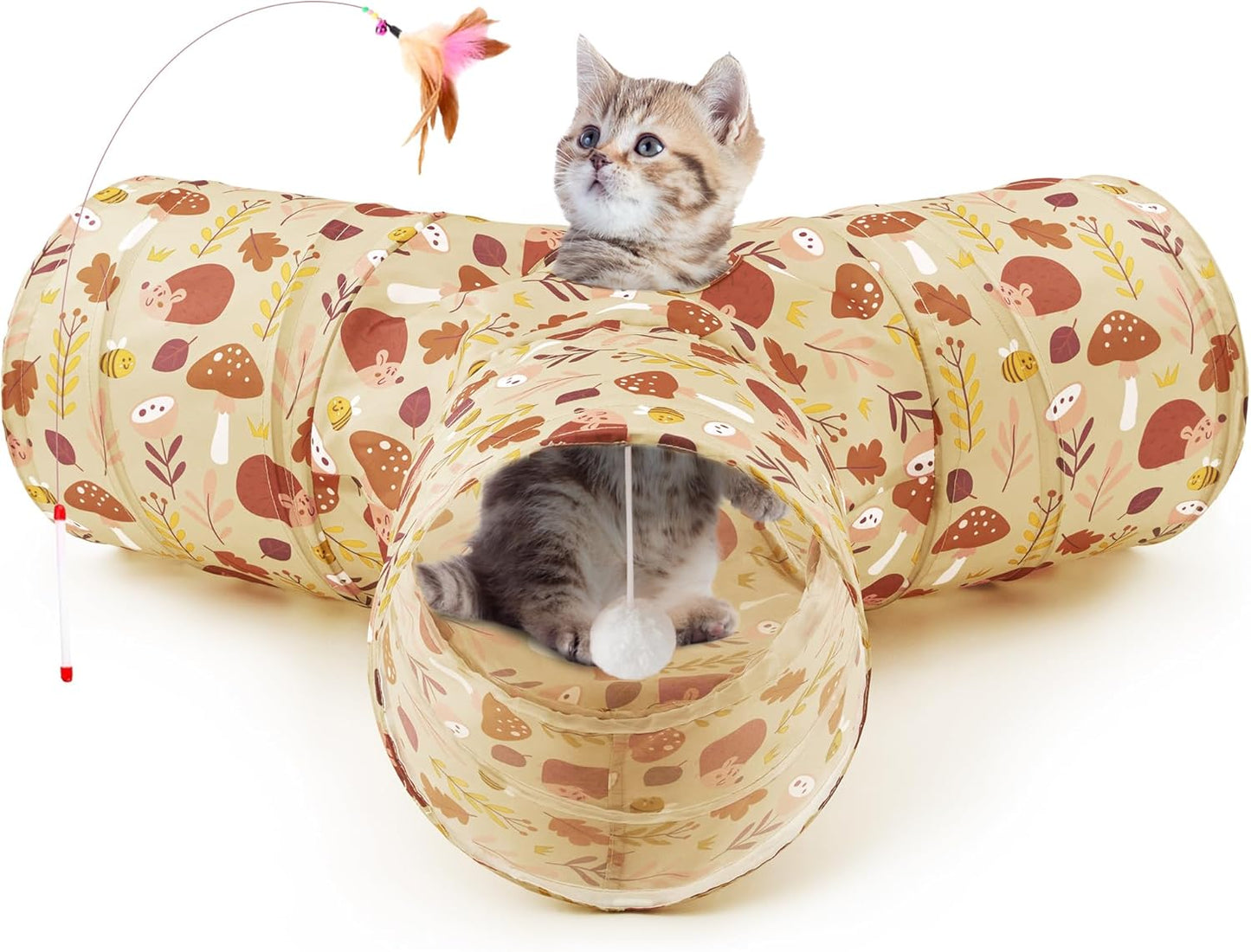 Tempcore Pet Cat Tunnel Tube Cat Toys 3 Way Collapsible, Cat Tunnels for Indoor Cats，Kitty Tunnel Bored Pet Toys Peek Hole Toy Ball Puppy, Kitty, Kitten, Rabbit Khaki Hedgehog