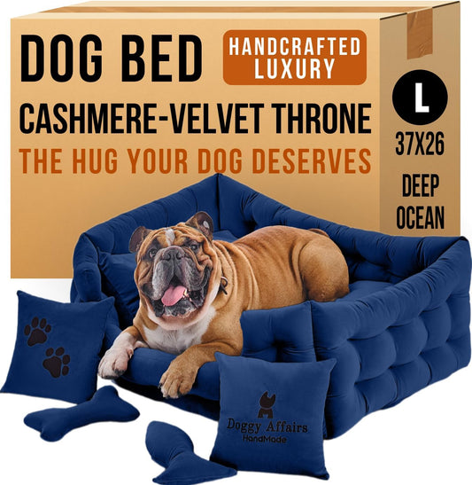Luxury Dog Bed Chesterfield – Handcrafted Velvet Throne for Dogs | Joint Support, Calming & Temp-Regulating Comfort | Durable 5+ Years, Anti-Claw, Washable 100+ Times – L, Blue