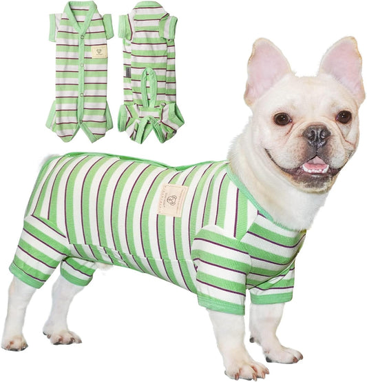 TONY HOBY Dog Pajamas, Male Dog Jumpsuit with Green Stripe, Dogs Clothes for Small Medium Size Dogs (Green&White, Boy, XS)