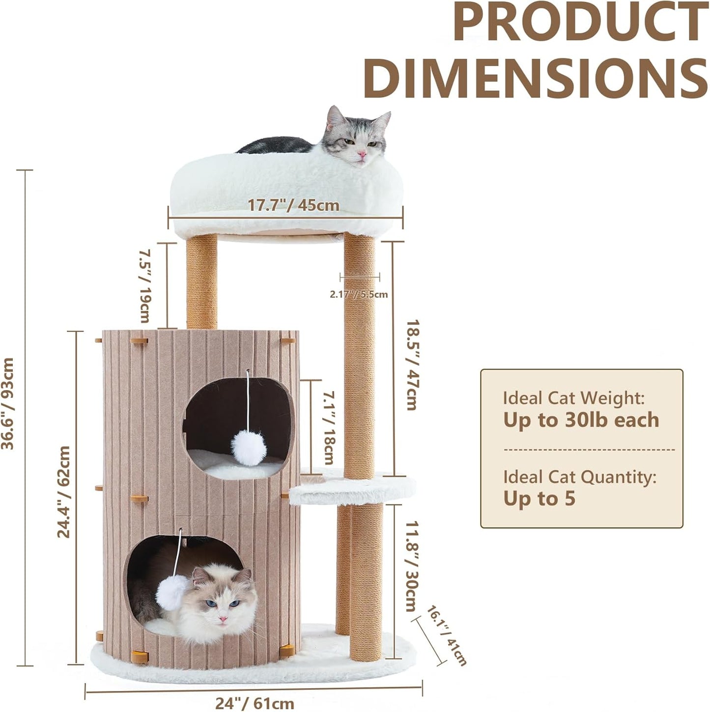 Cat Tree Tower with 2-Storey Large Felt Cat Bed Cave, Cozy Cats Tunnel Condo with Washable Cushions, 36.6"