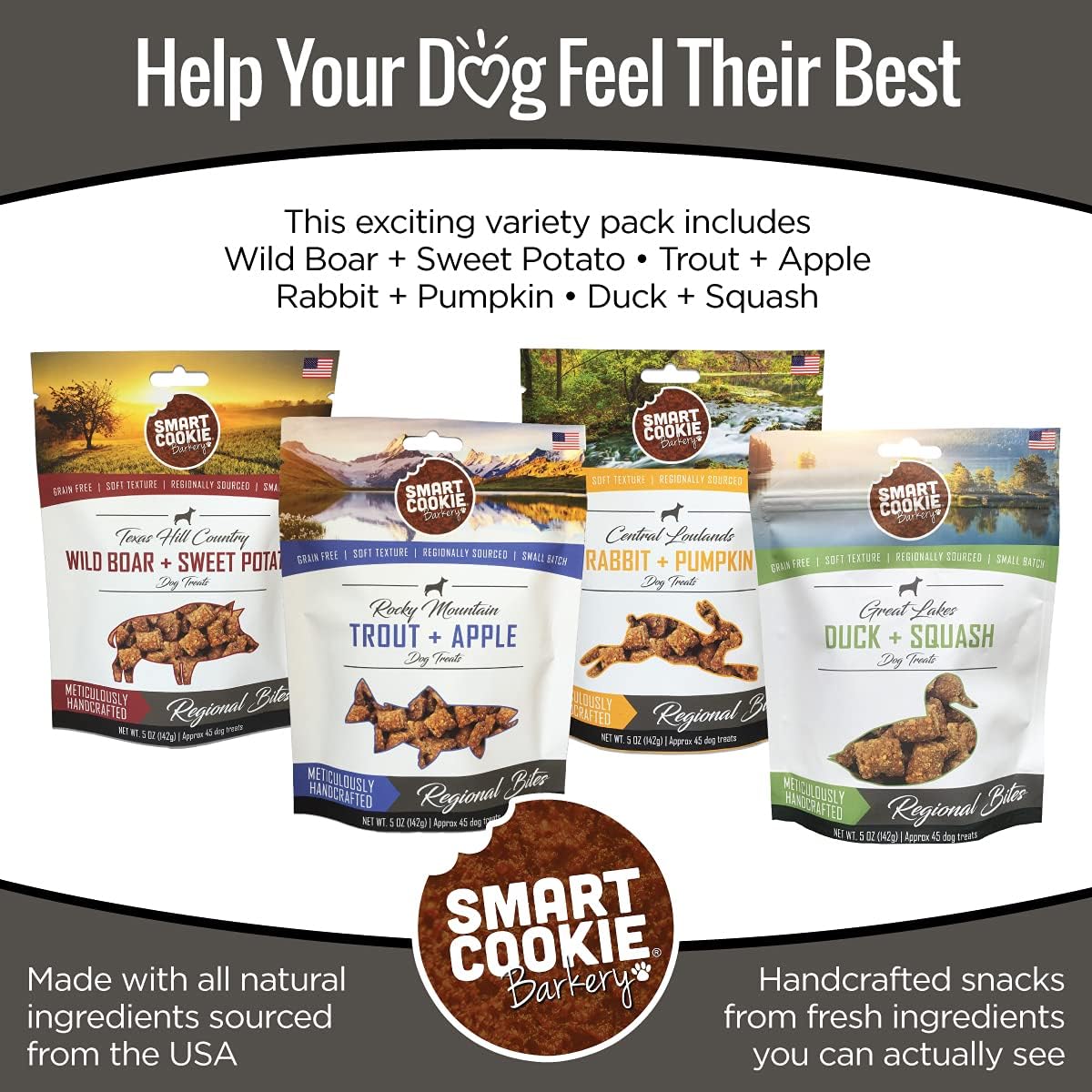 Smart Cookie All Natural Soft Dog Treats - 4 Flavor Variety Pack (5oz Each) - Healthy Dog Treats for Dogs & Puppies with Allergies, Sensitive Stomachs - Chewy, Grain Free, Made in USA