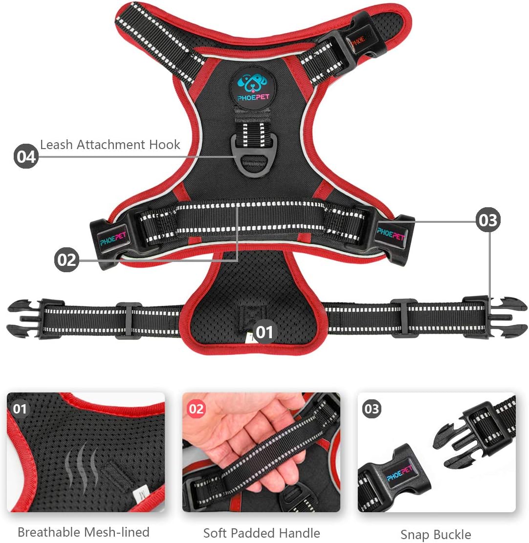 PHOEPET 2019 Upgraded No Pull Dog Harness, Reflective Adjustable Vest, with a Training Handle + 2 Metal Leash Hooks+ 3 Snap Buckles +4 Slide Buckles(S, Black)