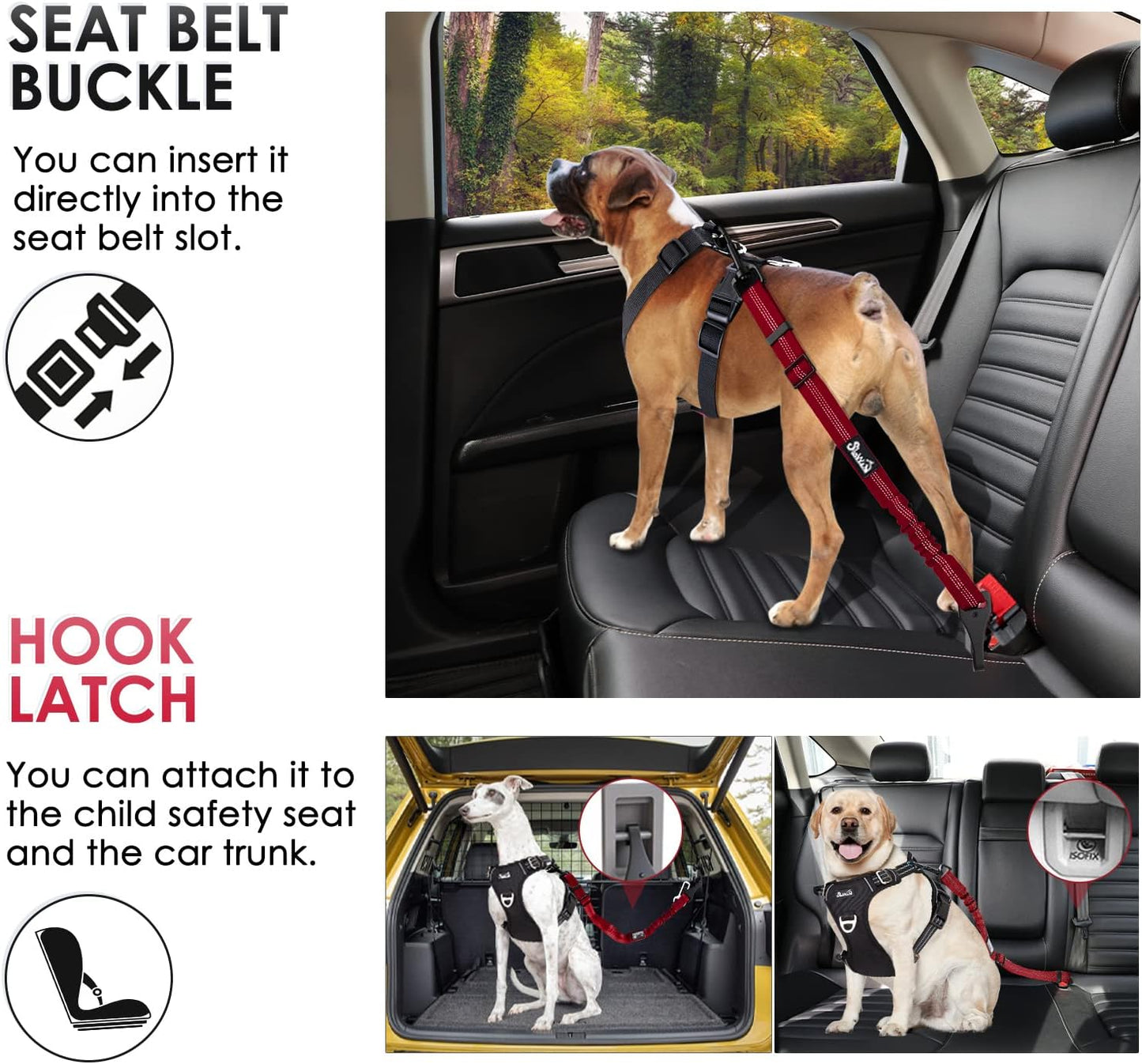 SlowTon Dog Seat Belt, Adjustable Dog Safety Belt Leash, 2 in 1 Latch Bar Attachment Dog Car Seatbelt with Elastic Nylon Bungee Buffer, Reflective Nylon Belt Tether(Red 35.5in)