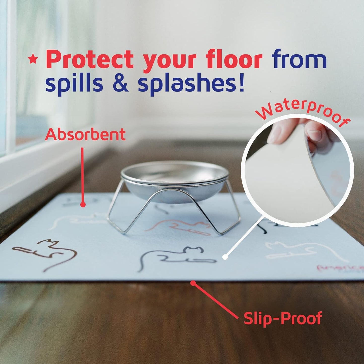 Cat Feeding Mat by Americat for Cat Food & Water Bowls – Machine Washable, Waterproof, No-Slip & Made in USA Cat Placemat – Protect Floors from Messy Eaters & Drinkers – 16 x 12 Inches (Cats)