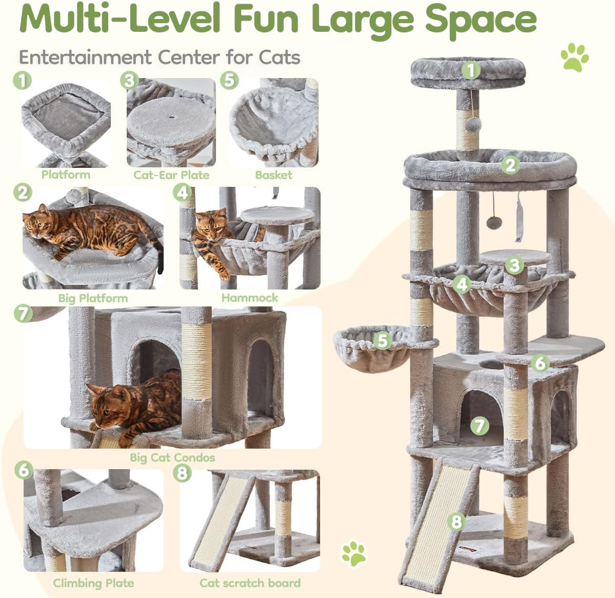Taoqimiao 72 Inches Cat Tree for Large Cats, Multi-Level Tall Cat Tower, Widened Cat Condo with Large Scratch Board, 5 Scratching Posts, Metal Hammcock, Cozy Basket, Light Gray, MS045W