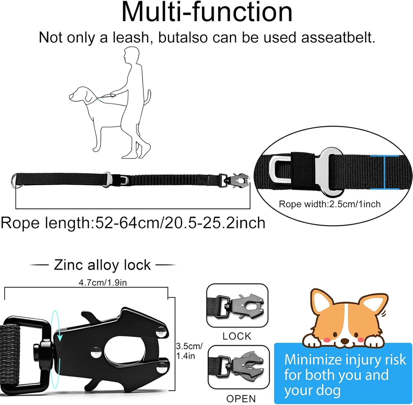 20” Strong Short Leash for Dog, Heavy Duty Bungee Dogs Leash with Padded Handle Car Seatbelt, Small Dog Training Leashs for Large or Medium Dogs - Can be Used with Other leashes (Black)