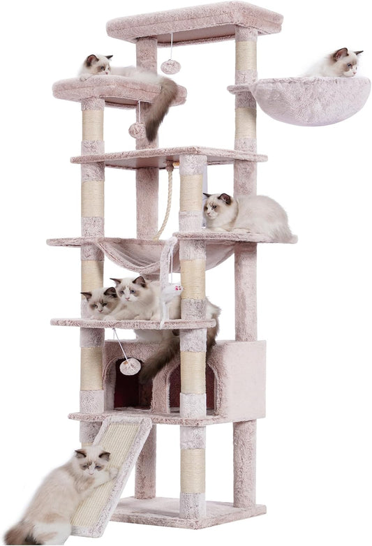 Heybly Tall Cat Tree, 78-inch Multi-Level Cat Tower for Indoor Cats, 2 Widened Plush Perches Cat Condo with Scratching Board and Big Caves, Muchroom HCT033MU