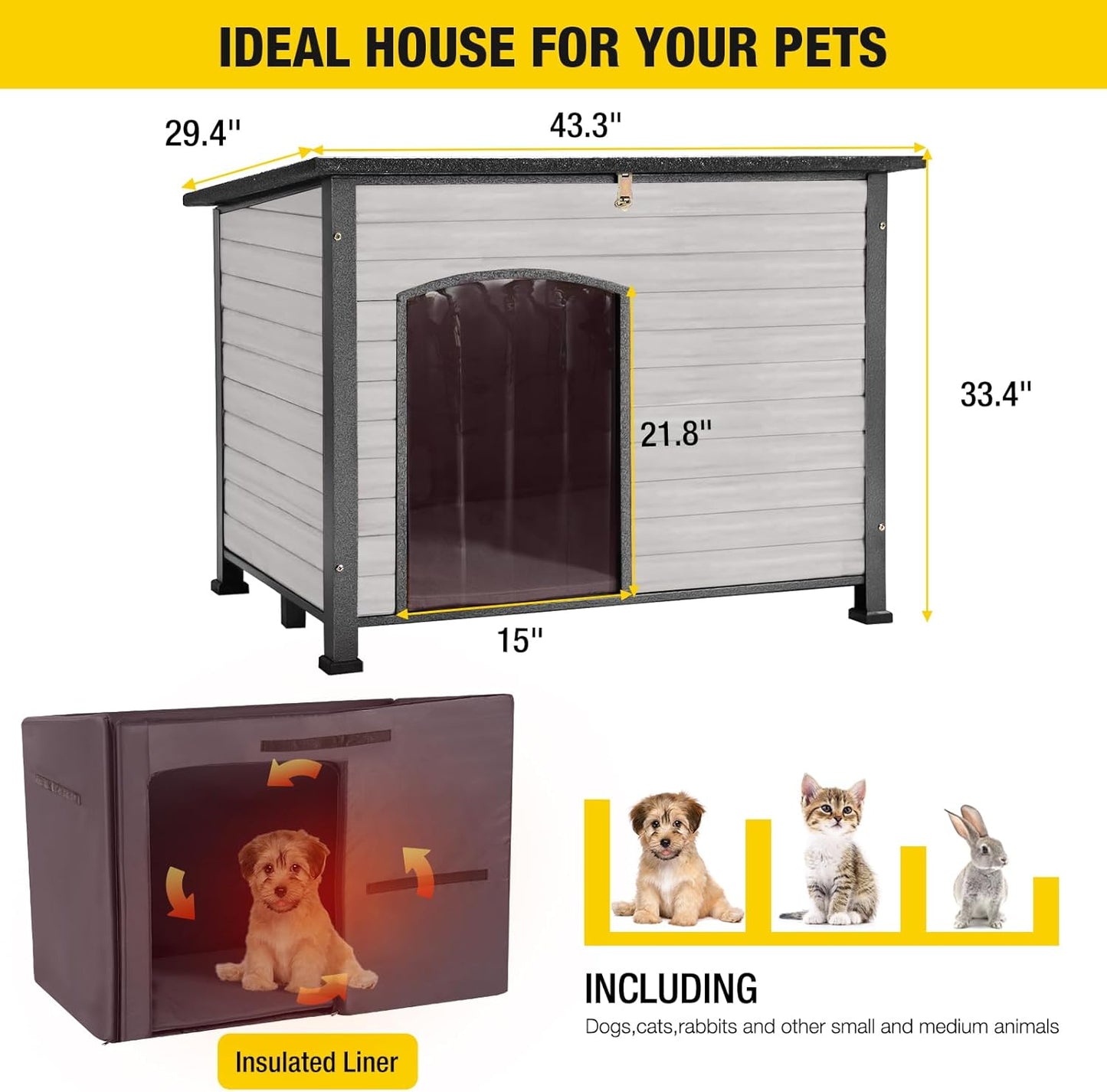 Aivituvin Dog House Outdoor with Insulated Liner, Weatherproof Dog House for Winter, Suitable for Small & Medium & Large Dogs with Unique All-Around Iron Frame(Off-White)