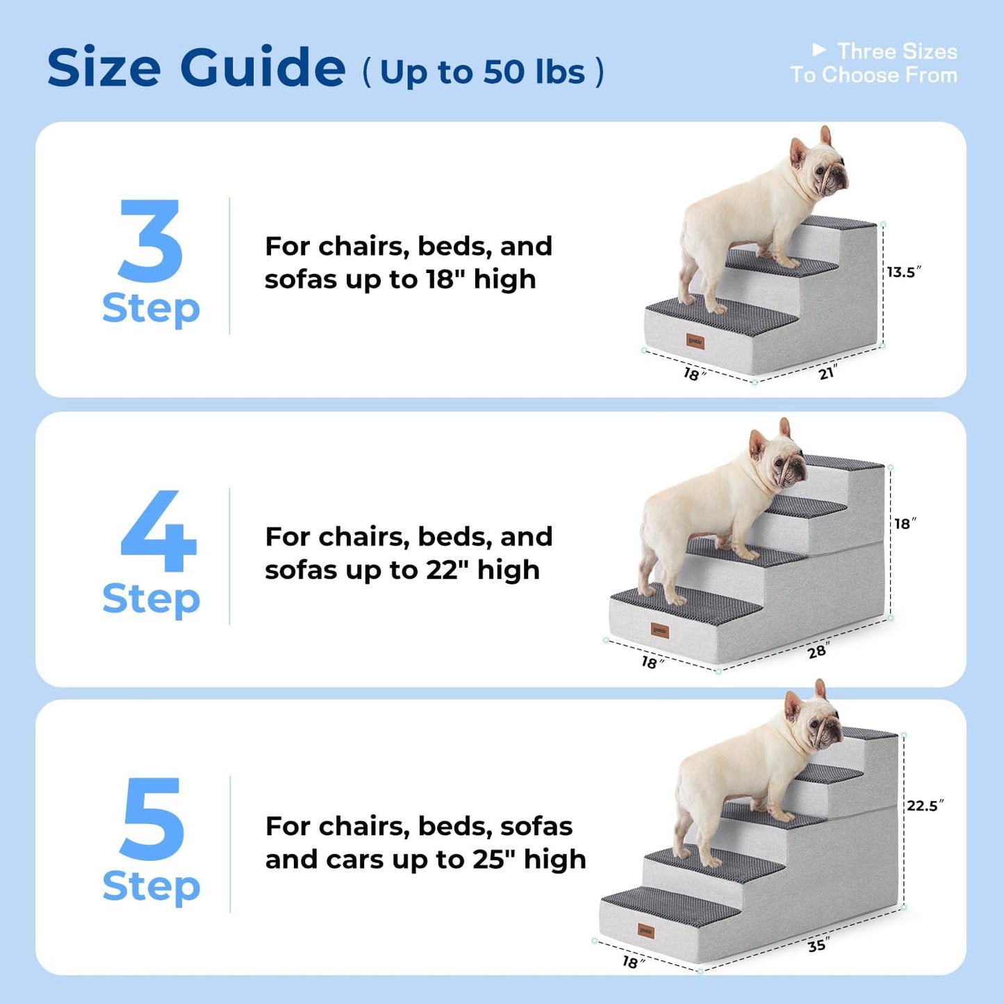 Dog Steps for Couch - Extra Wide Pet Stairs for Small Dogs and Cats, Dog Steps with Non-Slip Bottom Grey 3 Steps, Grey