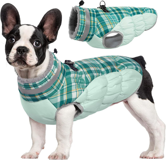 FUAMEY Dog Coat for Small Dogs,Waterproof Dog Winter Jacket with Harness Built in Puppy Cold Weather Coats Reflective Pet Vest with Zipper Warm Fleece Dogs Snowsuit Windproof Green Plaid XS