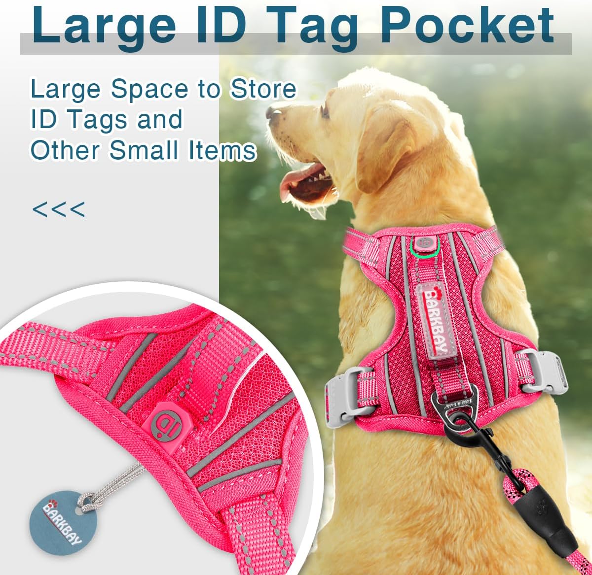 BARKBAY Dog Harness No Pull with ID Tag Pocket - Heavy Duty, Reflective, Easy Control for Large Dogs(Pink,L)