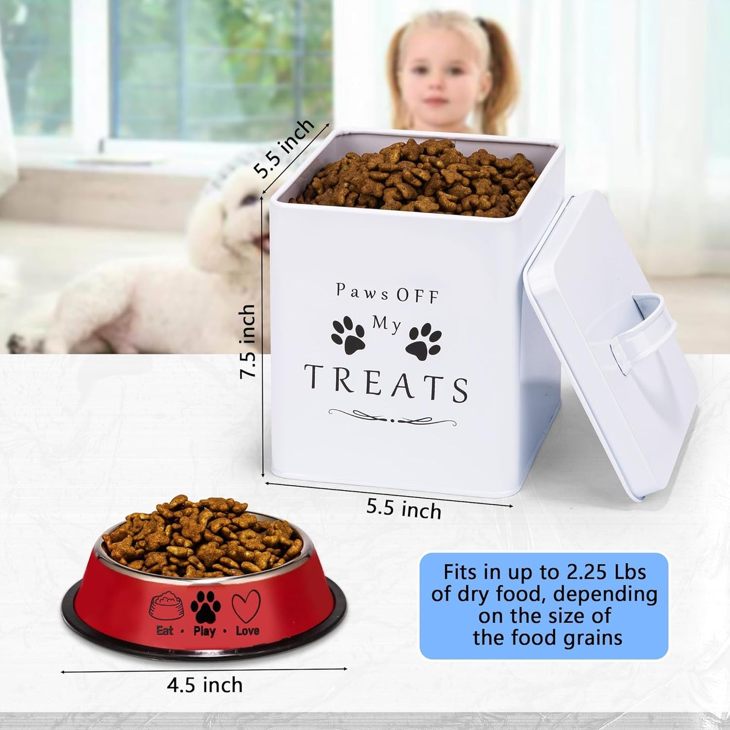 Meraki Home Small Dog Food Container and Dog Treats Container - Tight Lids - Feed Scoop and Pet Food Bowl - Farmhouse Metal Storage Bin - Glossy White