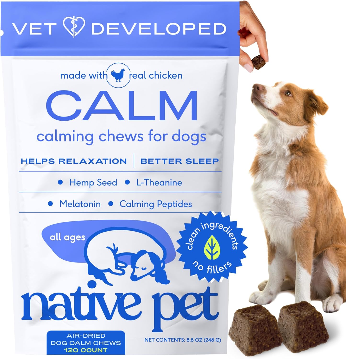 Native Pet Calming Chews for Dogs - Melatonin for Dogs Anxiety Relief - Grain Free All Natural Hemp Calming Treats & L-Theanine Helps Manage Stress & Separation Anxiety - Puppy Sleep Aid - 120 Chews