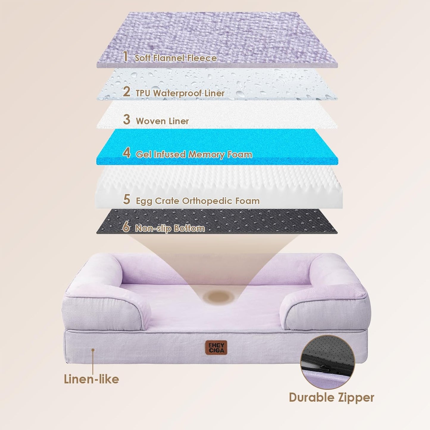 EHEYCIGA Orthopedic XL Dog Beds, Waterproof Memory Foam Dog Bed for Extra Large Dogs, Non-Slip Bottom and Egg-Crate Foam Big Pet Couch Bed with Washable Removable Cover,Lilac